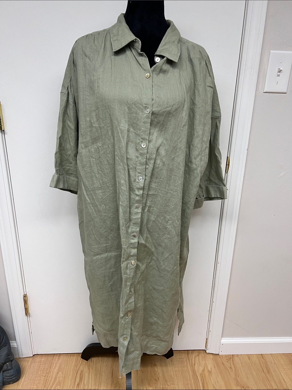 Tahari Olive-Green Button-Front Midi Shirt Dress